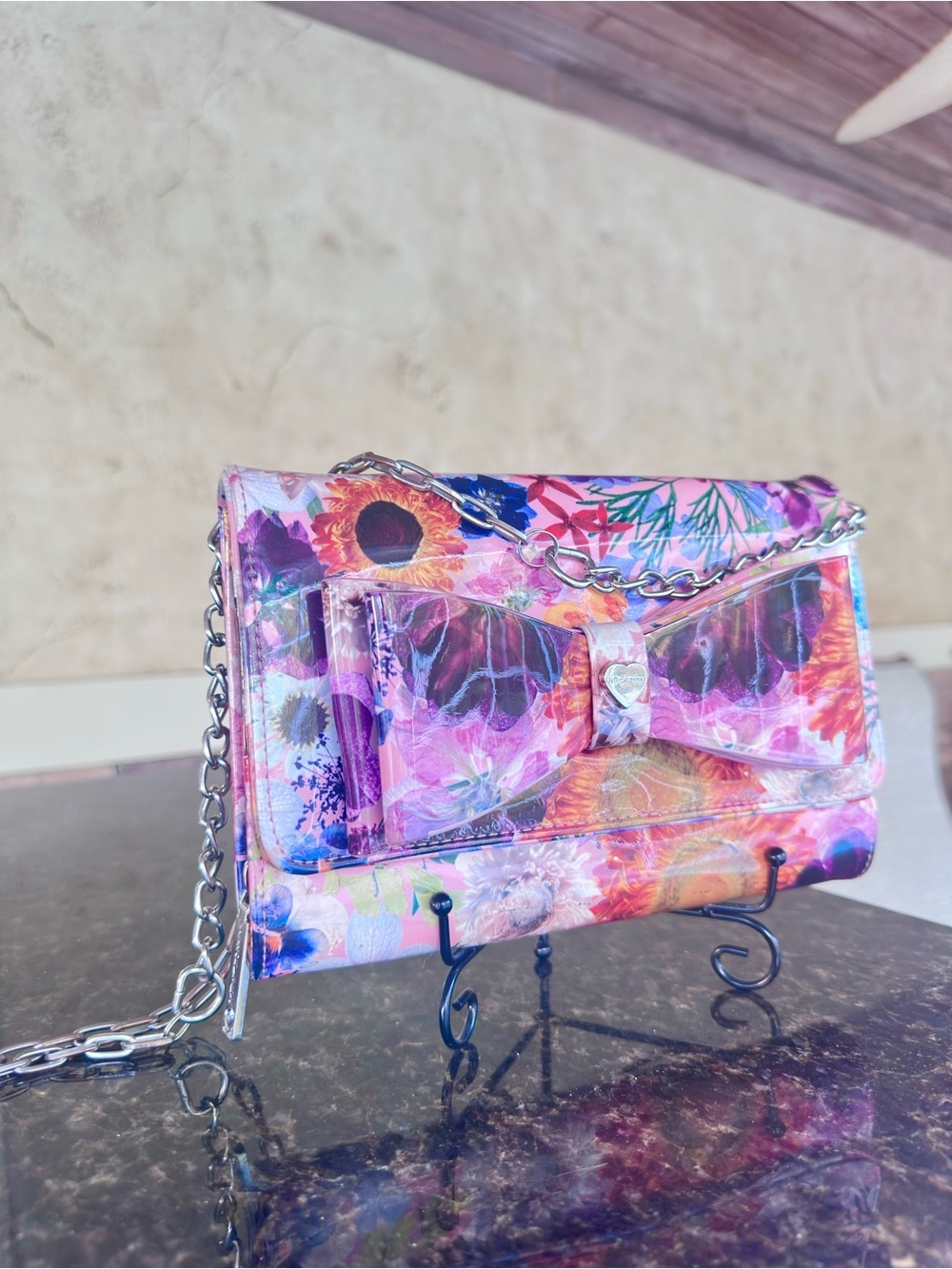 BETSEY JOHNSON Vibrant Floral Print Shoulder Bag w/Silver Crossbody Chain - Picture 14 of 17